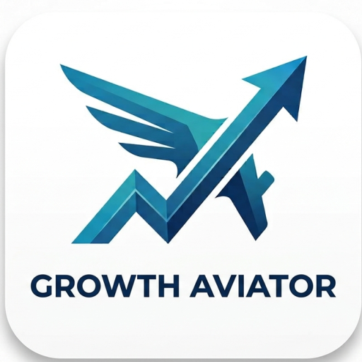 A corporate logo for "GROWTH AVIATOR" featuring a stylized blue emblem that combines a multi-tiered growth arrow chart with a single aviator wing. The text "GROWTH AVIATOR" is in bold blue capital letters below the graphic, all set within a white, rounded-corner square app icon.