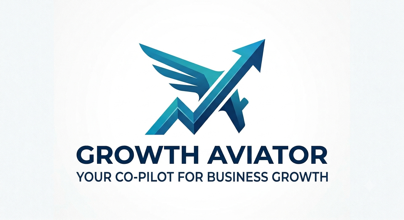 Growth Aviator modern company logo featuring a stylized blue wing and upward-trending growth arrow icon with the tagline "Your Co-Pilot for Business Growth" beneath the brand name.
