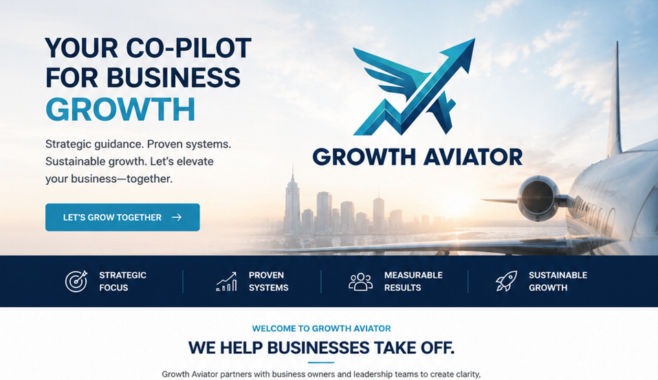 Solutions That Drive Real Growth featuring Growth Aviator's business services including Growth Strategy, Marketing That Performs, and Business Consulting for companies looking to increase revenue, improve operations, and scale successfully.